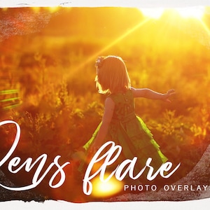 May include: A young girl in a green dress walks through a field of tall grass with the sun shining brightly behind her. The image is a lens flare photo overlay.