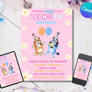 Girl’s Birthday Invitation | Bluey Birthday Invitation | Blue Dog Birthday Invitation | Girls Birthday Invite