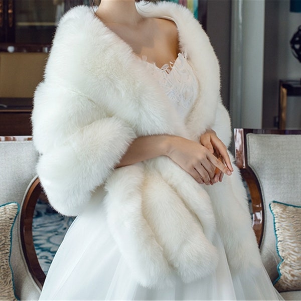 Warm Thicken Winter Wedding Dress Cloak Coat, Fur Shrug, Bridal Fur Wrap, Bridesmaid Ceremonial Dress Shawl, Bridal Faux Fur Shawl Cape