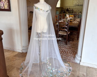 Colorful Floral Leave Lace Cape Veil Shawl Cloak Veil,Floor Length Cape Wedding Veil, Handmade Bridal Robe Long Hooded Cloak,Head Cover Cape