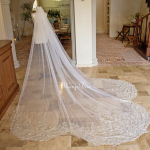 Champagne Gold Beaded Lace Veil Mermaid Edge Bridal Veil Ivory Wedding Veil Floral, Chapel Veil Cathedral,Custom Veil with Comb
