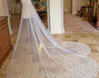 Champagne Gold Beaded Lace Veil Mermaid Edge Bridal Veil Ivory Wedding Veil Floral, Chapel Veil Cathedral,Custom Veil with Comb
