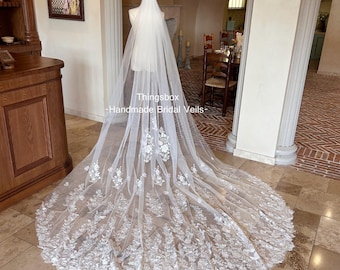 Wild Flowers Lace Wedding Veil Flowery Tulle Lace Bridal Veil 1 Tier Veil, Chapel Veil Cathedral Veil Leaf Veil with Comb Ivory Veil