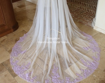 Purple Beaded Lace Wedding Dress Train, Leaf Flower Lace Veil Train, Romantic Lavender Lace Tulle Train Veil, Leaf embroidery veil, Custom