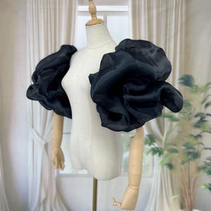 以下が含まれることがあります： 黒いシアーファブリックのふくらんだ袖のペア。袖はギャザーとラッフルでボリュームのあるルックに仕上げられています。