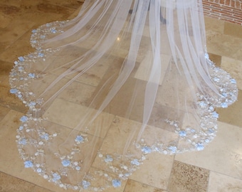 Blue 3d Flower Veil Mermaid Tail Veil Bridal Veil with Gold Embroidery, Lace Wedding Veil 1 Tier Cathedral Veil Chapel Veil Pearls Veil