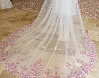 Pinkish Purple Floral Lace Veil Bridal Veil Pearl Floral Purple Embroidery Lace Wedding Veil, Cathedral Veil Comb Custom,Enchanting Veils