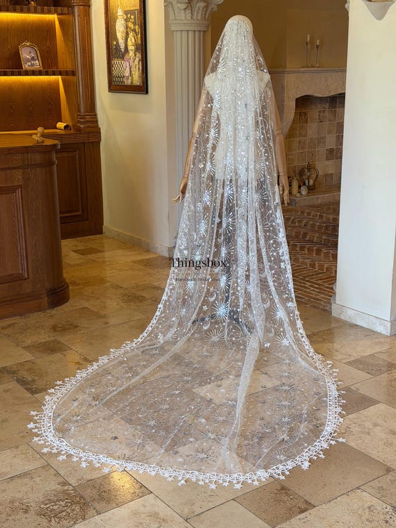 Celestial White Fringe Wedding Veil, Silver White Moon Stars Bridal Veil, Glitter Tulle Bridal Accessory, Silver Star Moon WhiteTulle