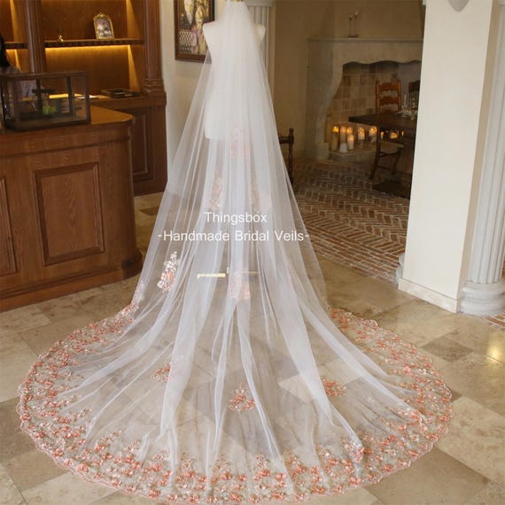 Handmade Apricot Pink Floral Pearl Veil Romantic Bridal  display picture 2