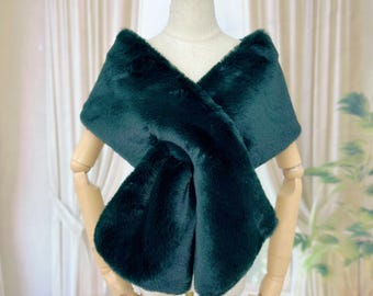Faux-Fur Wrap with Wide Satin Tie Style 08BELL003B2, Ivory, Plus Full-length Faux-Fur Fox Coat with Satin Lining and Shawl Collar