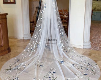 Velo de lirio del valle pintado a mano, velo de novia botánico personalizado, velo de tul pintado a mano, accesorios de boda únicos