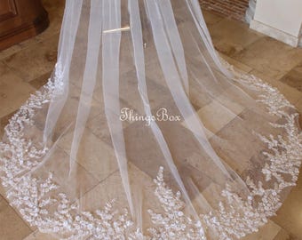 Delicate Beaded Floral Lace Wedding Veil Small Flower Leaf Lace Veil, Soft Sheer Tulle Veil with Comb,108" Chapel Cathedral Veil Ivory White