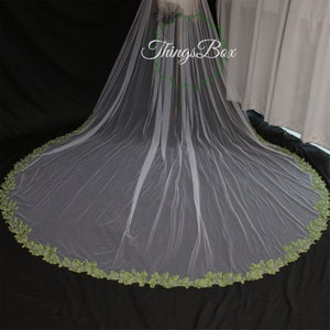 Green Leaves Lace Edge Embroidery Wedding Veil with comb,1T Long Lawn wedding Veil Green Lace Round Chapel Length Bridal Veil,Custom Veil