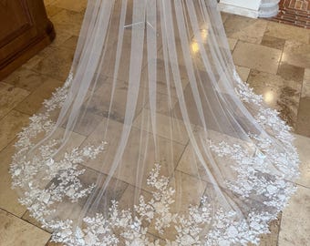 Fairy Sequin Floral Lace Edge Wedding Veil Vintage Lace Veil,Sheer Tulle Veil with Comb,118" Cathedral Veil Ivory tulle