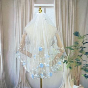 Blue 3d Flower Veil Short Elbow Veil Bridal Veil with Gold Embroidery, Lace Wedding Veil 1 Tier Fingertip Veil Round Veil Pearls Veil