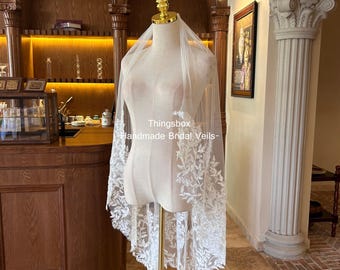 Beaded Leaf Lace Bridal Veil Elbow Beaded Leaf Lace Wedding Veil Small Flower Leaf Lace Veil, Soft Sheer Tulle Veil with Comb, Ivory Veil