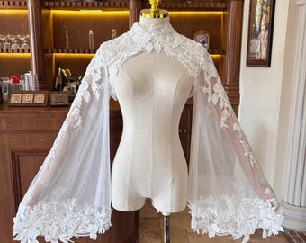 Beaded Floral Lace Sleeve,Ivory Tulle Lace Bridal Sleeves,Wedding Long Sleeves With Jewel Neck, Button Sleeves,Matching With Strapless Dress