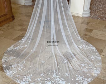 Velo de novia transparente de encaje floral con lentejuelas, velo de novia sirena festoneado, velo largo catedral con peineta, velo de vestido de sirena, velo con peineta