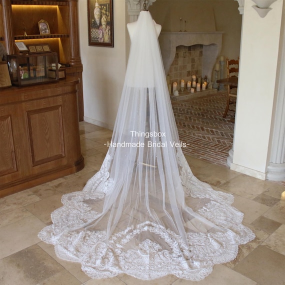 Luxury Lace Wedding Veil, Cathedral Length Bridal Veil With  display picture 1