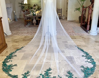 Atrovirens 3D Flower Lace Veil Long Round Bridal Veil Pearl lace Wedding Veil Dark Green,Vintage Chapel Veil Cathedral Veil Comb,Custom Veil