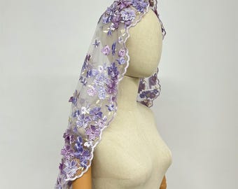 Mantilla/Drop Veil with no Comb,Lace Trimming Wedding Veil Lavender Purple Pearl Flowery Lace Bridal Veil,Fingertip Veil Floral Outdoor Veil