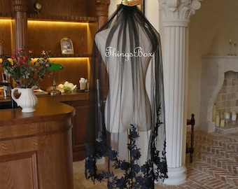 Black Rose Flower Lace Wedding Veil Rose Lace Veil, Soft Tulle Veil with Comb,Fingertip 36" Veil Hip Veil Elbow Veil Short Veil Black Veil