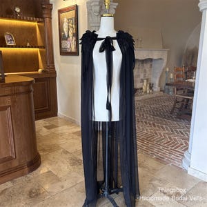 Pleated Chiffon Bridal Cape,Floor Length Bridal Cape with Tie, Black Cape , Halloween Cape with Lace Shoulder, Halloween Shawl