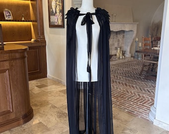 Pleated Chiffon Bridal Cape,Floor Length Bridal Cape with Tie, Black Cape , Halloween Cape with Lace Shoulder, Halloween Shawl