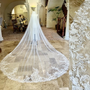 Beading Veil Bridal Veil with Leaves,Floral Lace Wedding Veil 1 Tier 118&quot; Cathedral, Beaded Lace Wedding Veil Custom Length with Comb