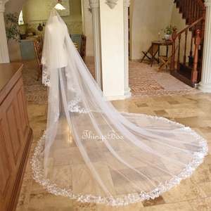 2T Blusher Veil Flowers Lace Trimming Wedding Veil Embroidery Flowery Tulle Lace Bridal Veil Full Lace Trim Chapel Cathedral Veil with Comb