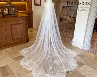 Sheer Sequin Floral Lace Wedding Veil,Cathedral Bridal Veil,Elegant Floral Lace Veil,Scalloped hem veil