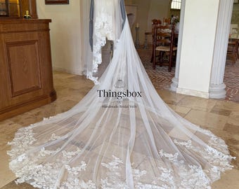 Velo de novia de encaje floral Blusher, velo de tul transparente con peineta, velo catedral de 118" de tul color marfil, hecho a medida, encaje en todo el contorno, encaje brillante.
