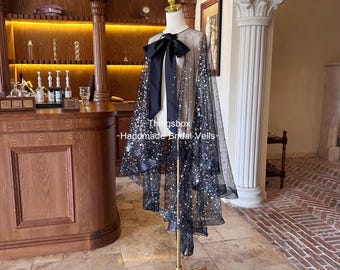 Silver Sparkly Scattered Stars & Moons Cape - Custom Irregular Satin Tie Wedding Bridal Cape Veil