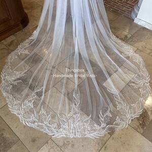 Delicate Embroidery Leaf Floral Lace Wedding Veil Chapel Long Veil ,Fairy Bridal Veil,Handmade Customized Veil,Comb Veil Ivory