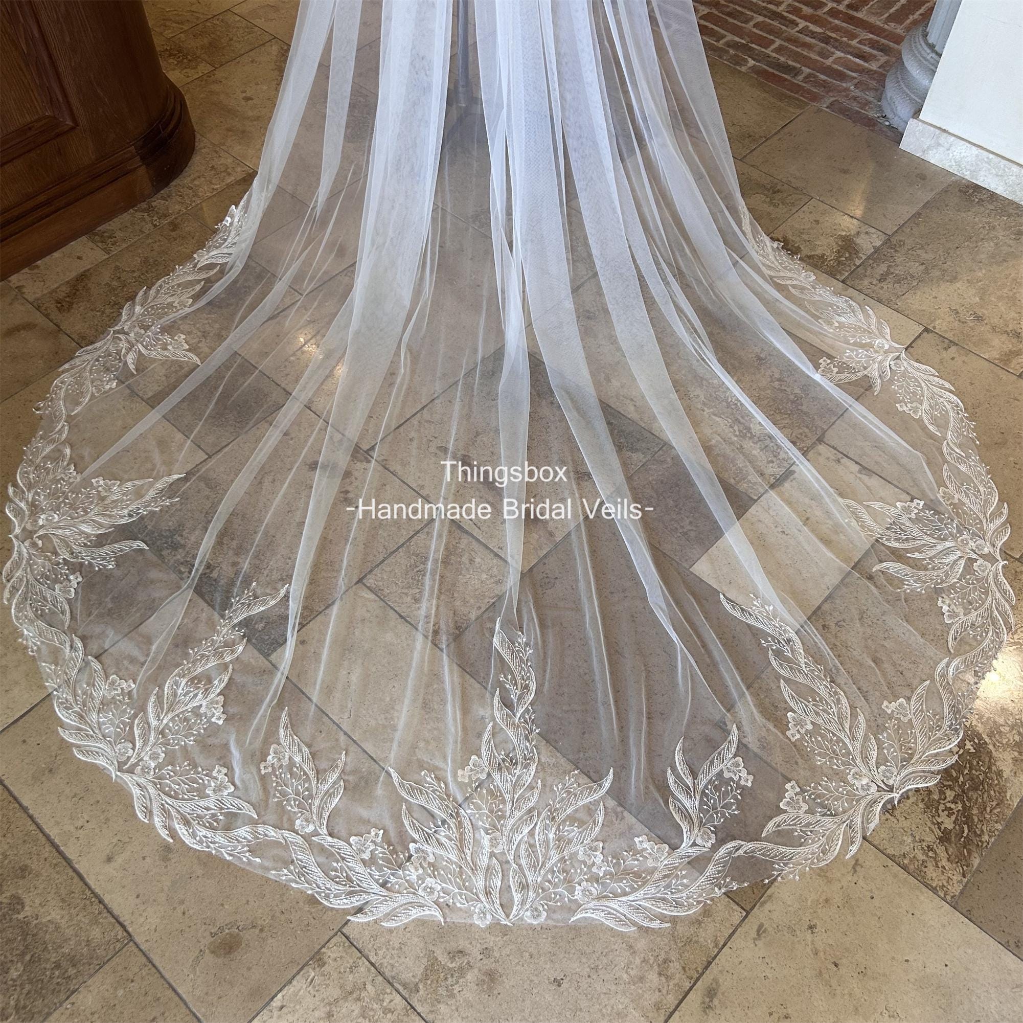 Delicate Embroidery Leaf Floral Lace Wedding Veil Chapel Long Veil ,Fairy Bridal Veil,Handmade Customized Veil,Comb Veil Ivory