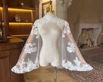 Trumpet Sleeve,Ivory Tulle Lace Bridal Sleeves,Wedding Long Sleeves With Jewel Neck, Button Sleeves, Matching With Strapless Wedding Dress