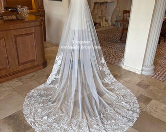 Aquatic Plant Flower Lace Wedding Veil Leaf Lace Veil, Cathedral Veil with Comb,108" Bridal Veil Ivory Veil