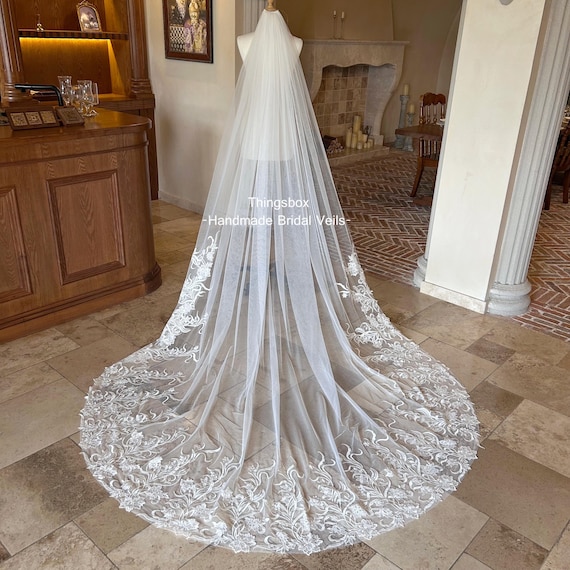 Ivory leaf floral lace veil Wedding Veil with Floral Lace Edge | Grace + Ivory Wedding  main image 4