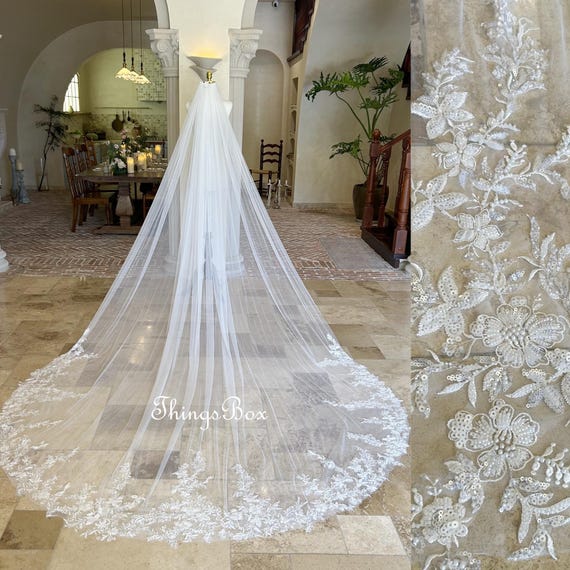 Pearl Beaded Lace Edge Bridal Veil White Wedding Veil  Floral Embroidered White Lace Floral Veil Pearl Wedding Veil Beaded Wedding  main image 3