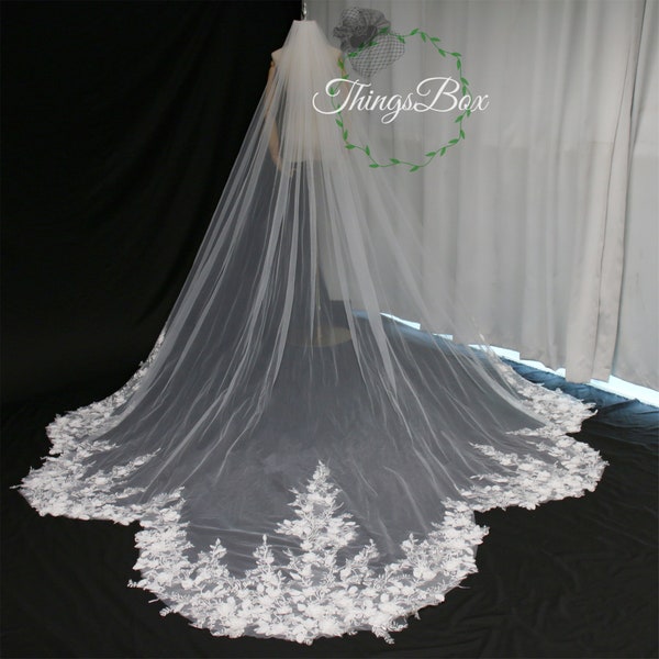 Five-petaled flower Edge Lace Wedding Veil 3D Pearl Flower Comb Veil, Pattern Veil Chapel Veil Cathedral Veil Leaf Veil Bridal Veils Custom