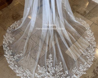 Gorgeous Beaded Leaf Lace Wedding Veil Small Flower Leaf Lace Veil, Soft Sheer Tulle Veil with Comb,108" Chapel Cathedral Veil Ivory Veil