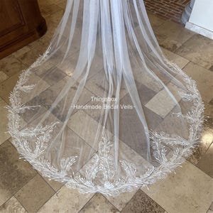 Simple Sequined Lace Embroidery Wedding Veil Chapel Long Veil,Floral Lace Veil, Bridal Veil, Handmade Customized Veil,Comb Veil Ivory