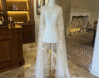 Champagne Lace Bridal Cape, Champagne Tulle Bridal Cape,Long Cape Train,Beach Wedding Shoulder Cape Veil, Wedding Dress Lace Cape