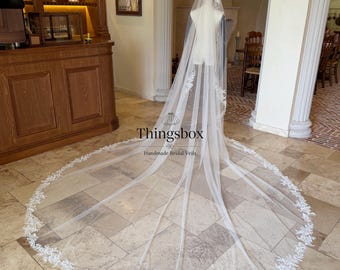 Velo de novia con ribete de encaje floral, velo catedral, velo floral para exteriores, encaje integral, velo mantilla, velo de encaje floral con peineta