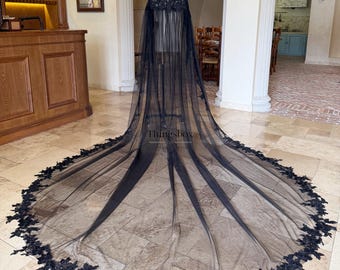 Capa nupcial gótica real de encaje floral negro, capa de hombros para boda en iglesia estilo bohemio, capa de encaje para vestido de novia