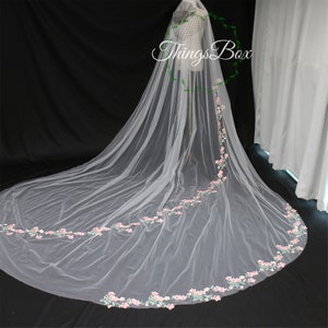 New Design Pink Floral Vine Lace Embroidery Wedding Veil with comb 1T Long Cathedral Veil Green Leave Round Chapel Bridal Veil,Custom Veil