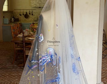 Velo de boda con diseños de medusas pintadas a mano inspirados en el océano, velo de boda de hadas, velo de novia personalizado, velo de tul pintado a mano, accesorios de boda únicos