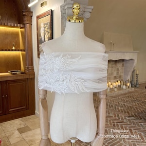 Stunning Beaded Lace Wedding Shawl Off Shoulder Bridal Wrap, Beaded Lace Wedding Shawl, Pearl Lace Ivory Bridal Dress Topper, Tulle Cape
