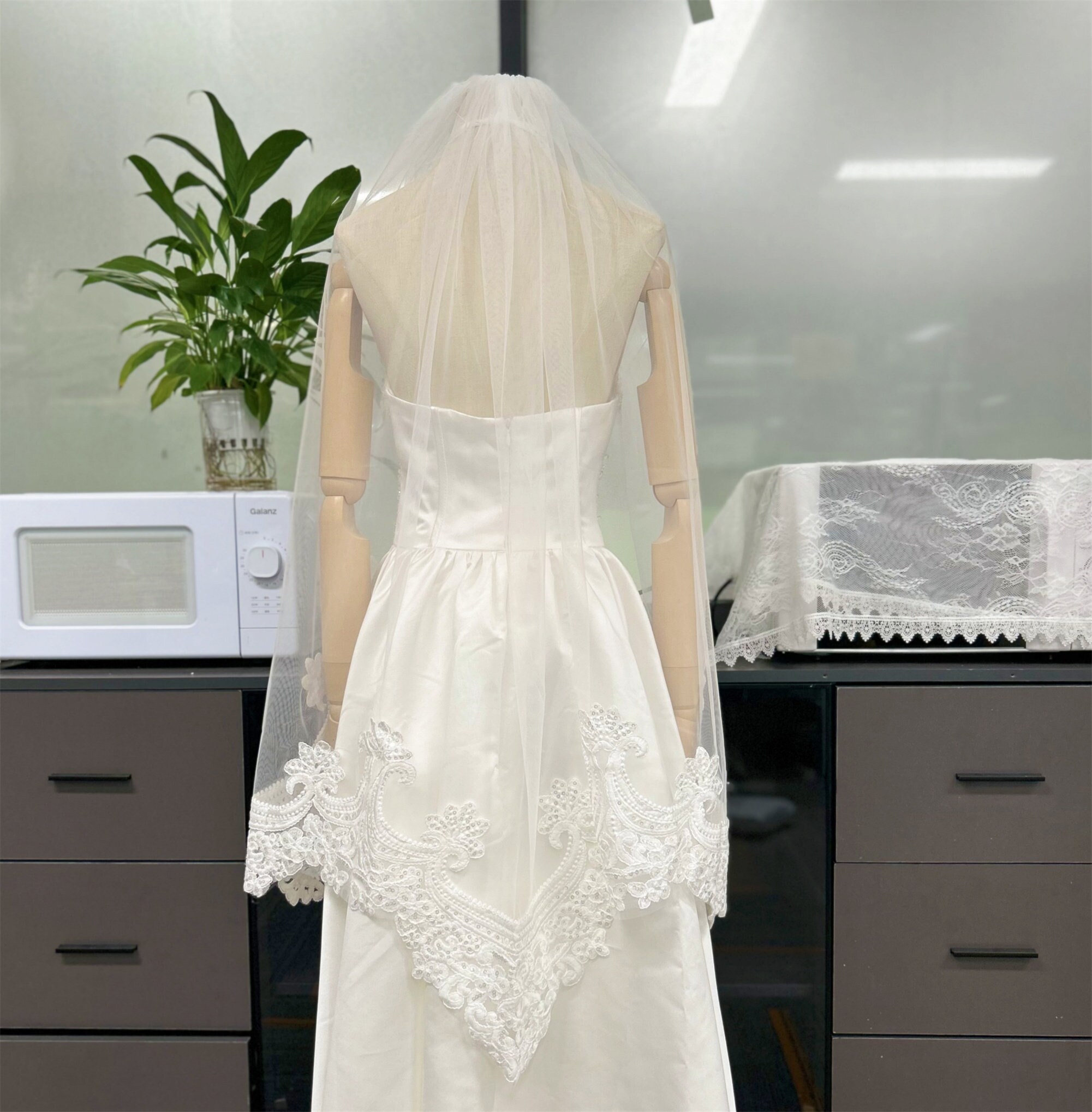 Lace Applique Wedding Veil Fingertip, Lace Bridal Veils 