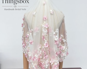 Short Veil, Pink Ivory Flower Lace Veil Pearled Veil Pearl Flowery Bridal Veil, Diamond Elbow Veil Pink Lace Outdoor Veil,Metal Comb Veil